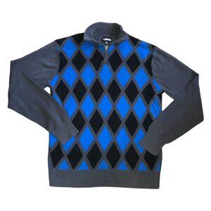 Y2K Carbon Argyle Sweater Sz XL 1/4 Zip 100% Cotton Blue Black Gray Long Sleeve